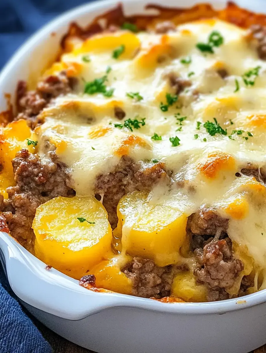 A creamy casserole featuring layers of ground beef, sliced potatoes, and melted cheese, garnished with fresh parsley.