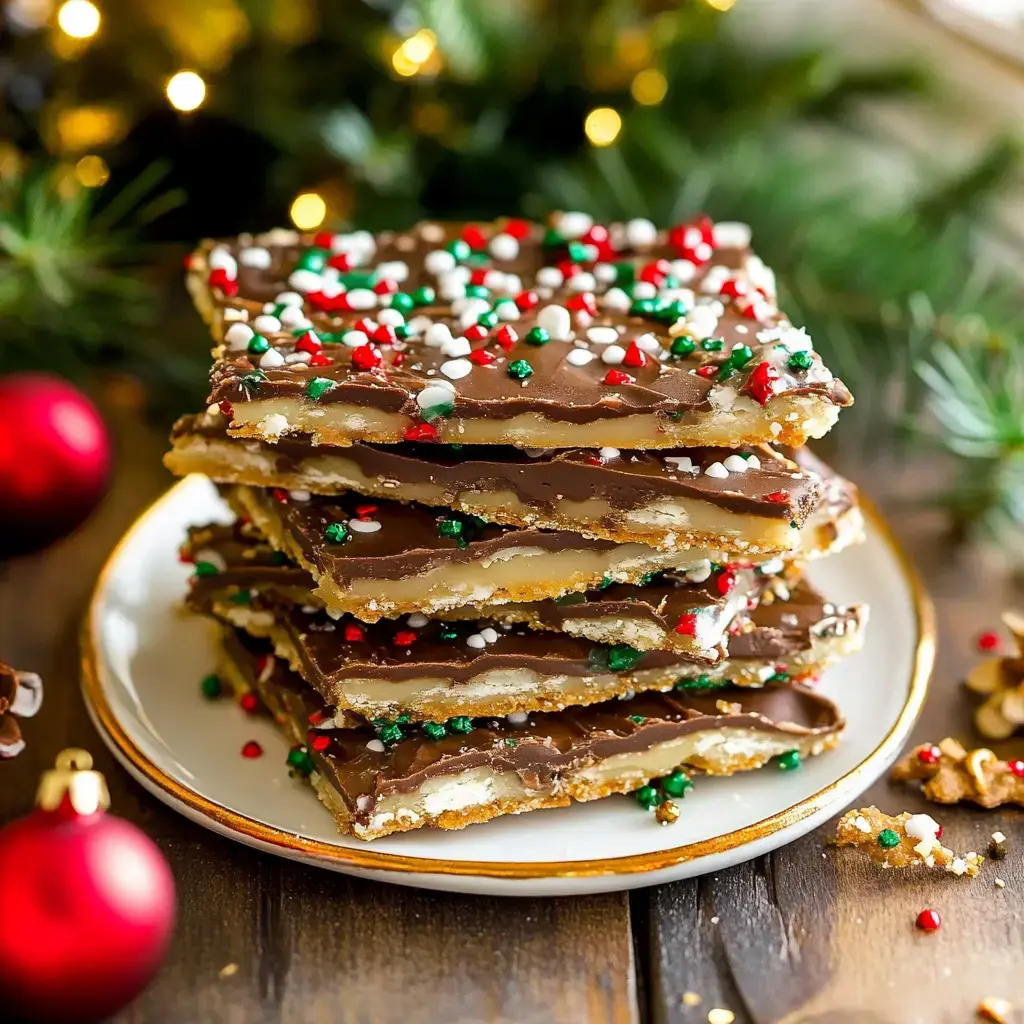 A stack of festive chocolate-covered toffee treats garnished with red, green, and white sprinkles, arranged on a decorative plate with holiday decorations in the background.