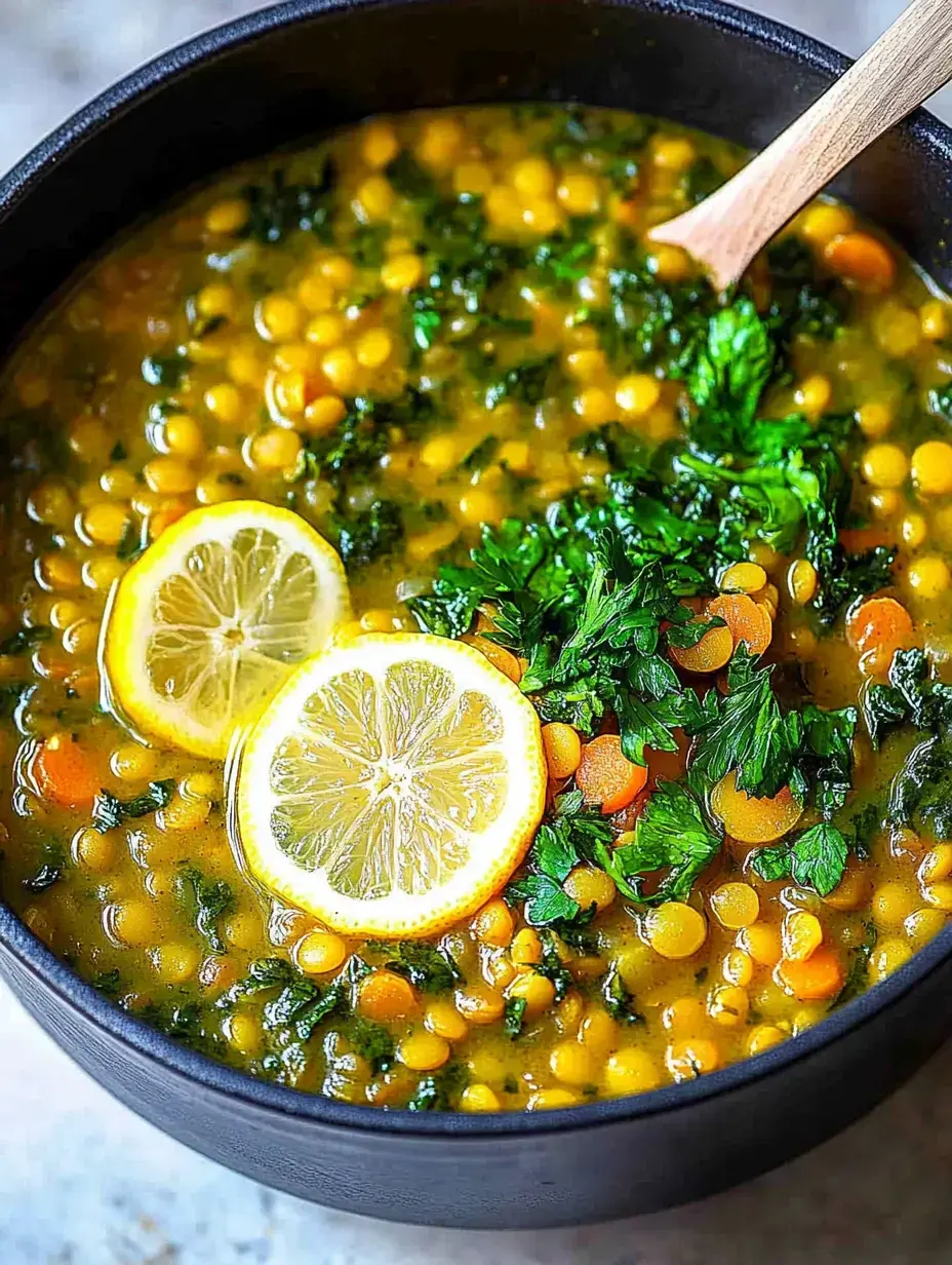 A close-up of a black bowl filled with yellow lentil soup garnished with lemon slices and chopped green herbs.