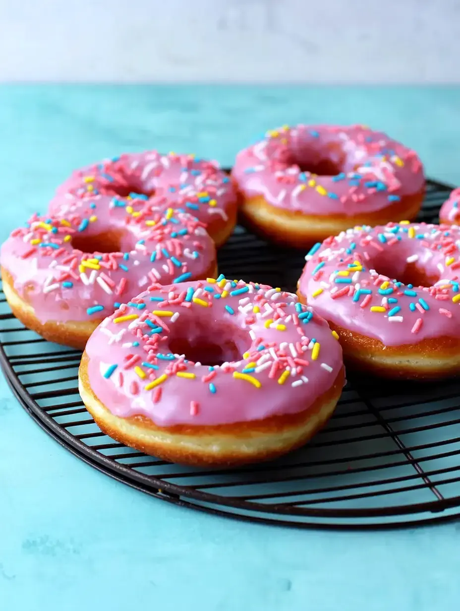 A group of pink frosted donuts with colorful sprinkles on a wire rack.