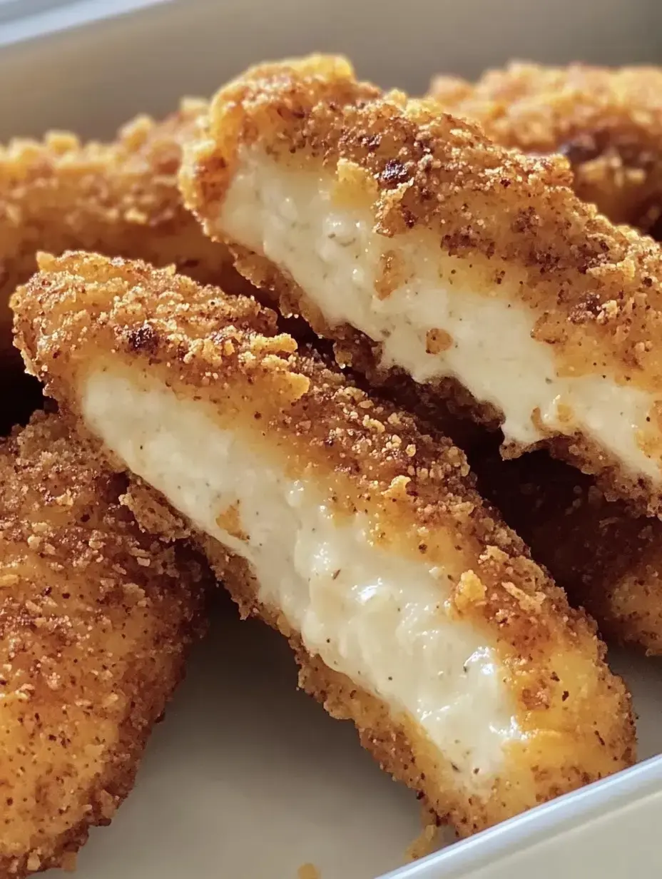 A close-up view of crispy, breaded chicken strips, showcasing their golden crust and creamy interior.