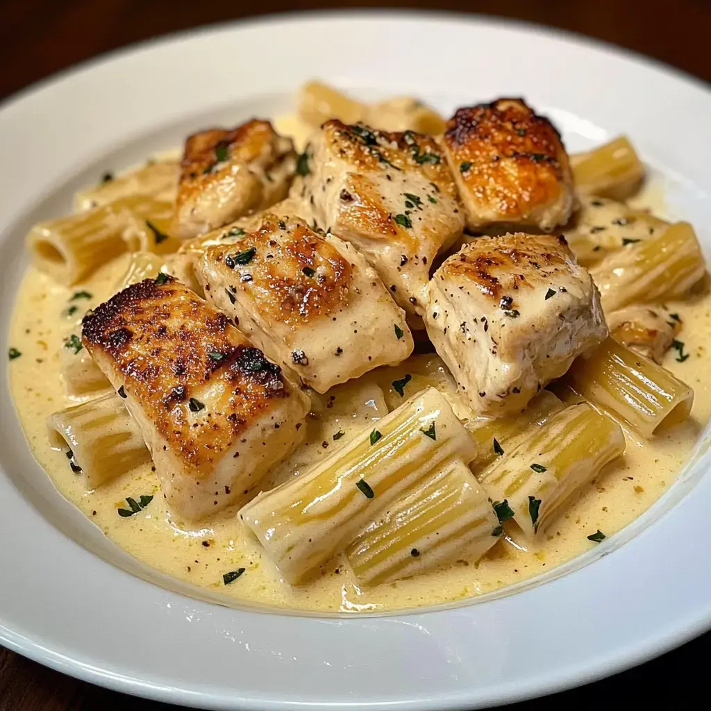 A plate of rigatoni pasta topped with seared pieces of chicken in a creamy sauce garnished with parsley.