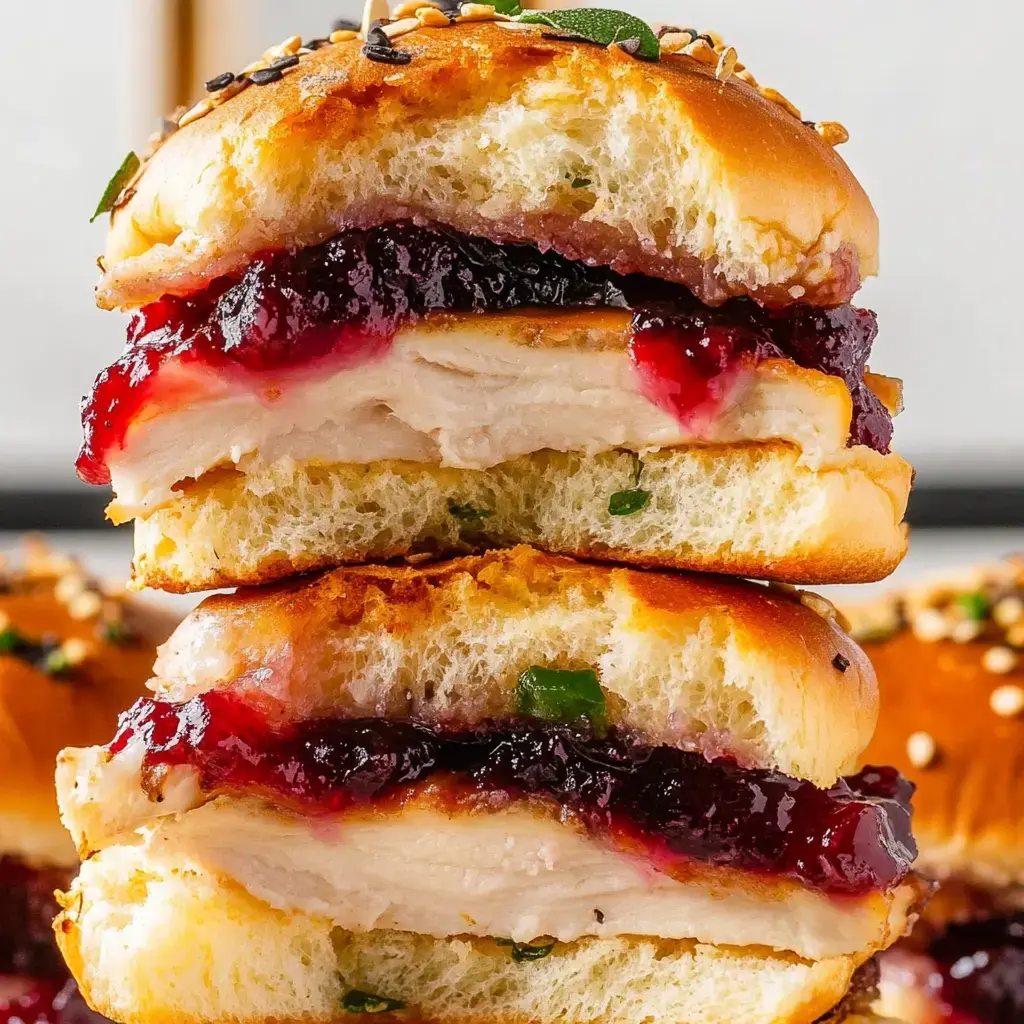 A stacked sandwich featuring slices of chicken, cranberry sauce, and sesame-seeded buns.