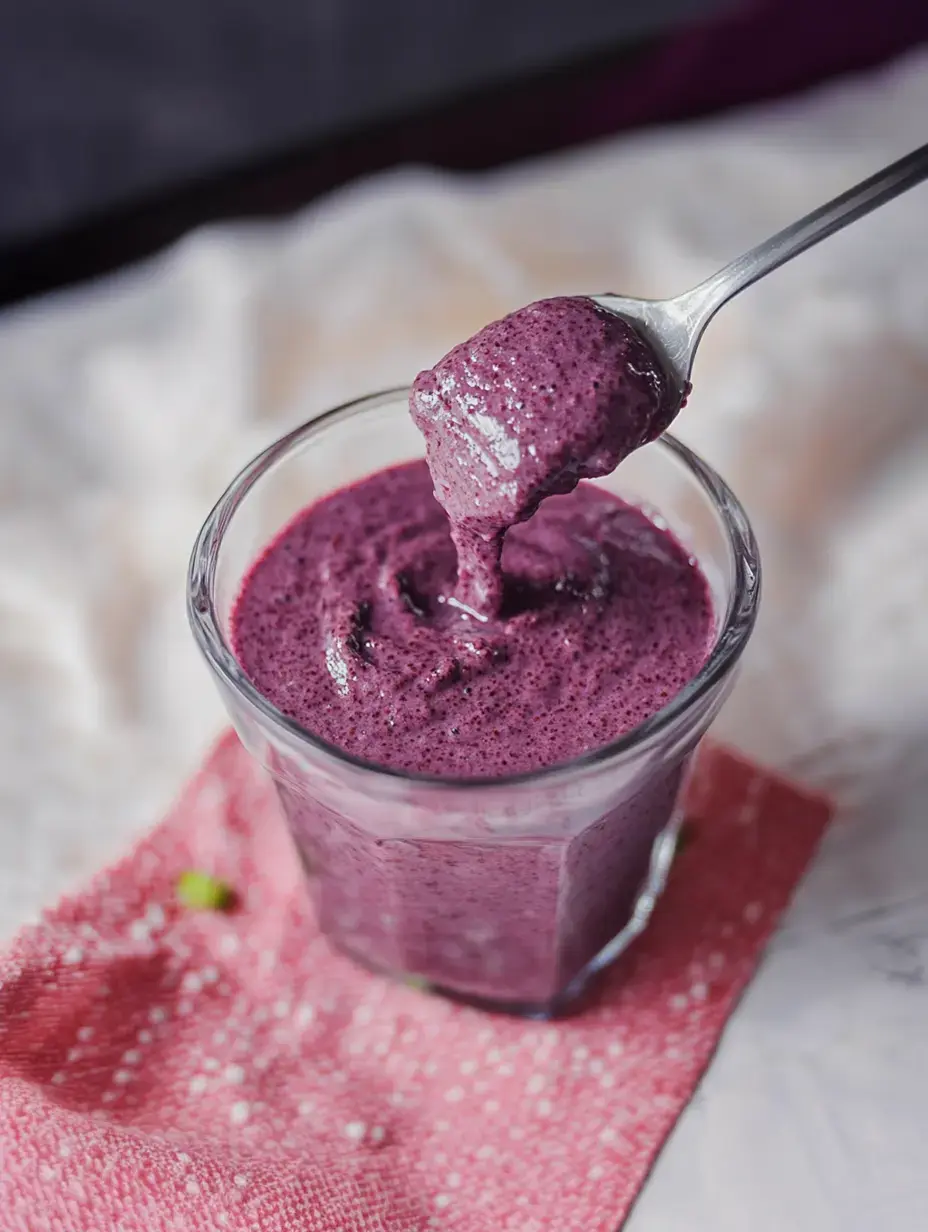 A glass filled with purple smoothie sits on a textured pink napkin, with a spoon lifting some of the smoothie.