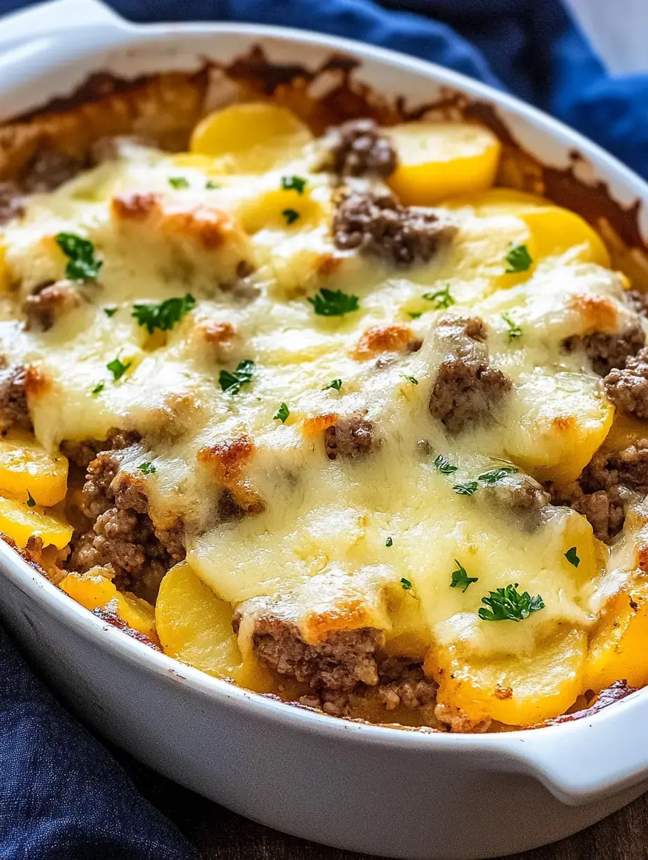 A baked casserole dish filled with layers of ground beef, sliced potatoes, melted cheese, and garnished with fresh parsley.