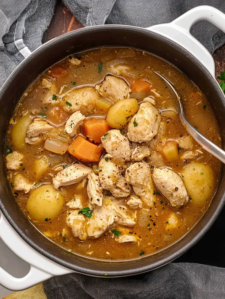 A hearty chicken stew with vegetables, including carrots and potatoes, served in a dark pot.