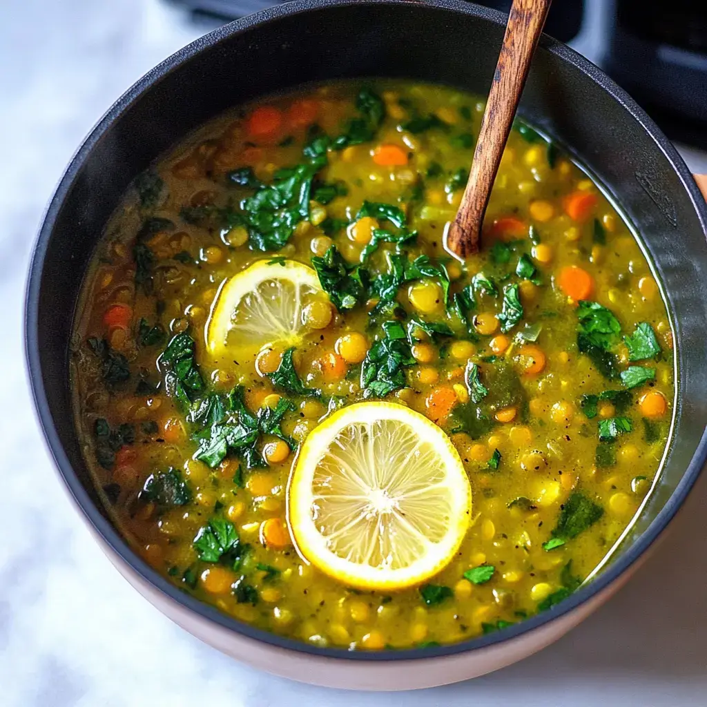 A close-up of a bowl of green lentil soup garnished with spinach and lemon slices.