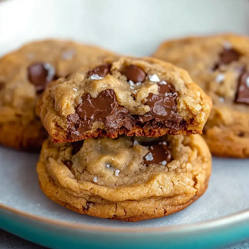 A close-up of a stack of chocolate chip cookies, with one cookie broken in half to reveal gooey chocolate inside.