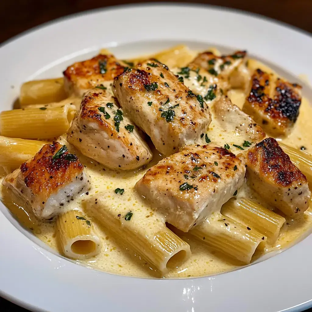 A plate of rigatoni pasta topped with chunks of grilled chicken in a creamy sauce, garnished with herbs.