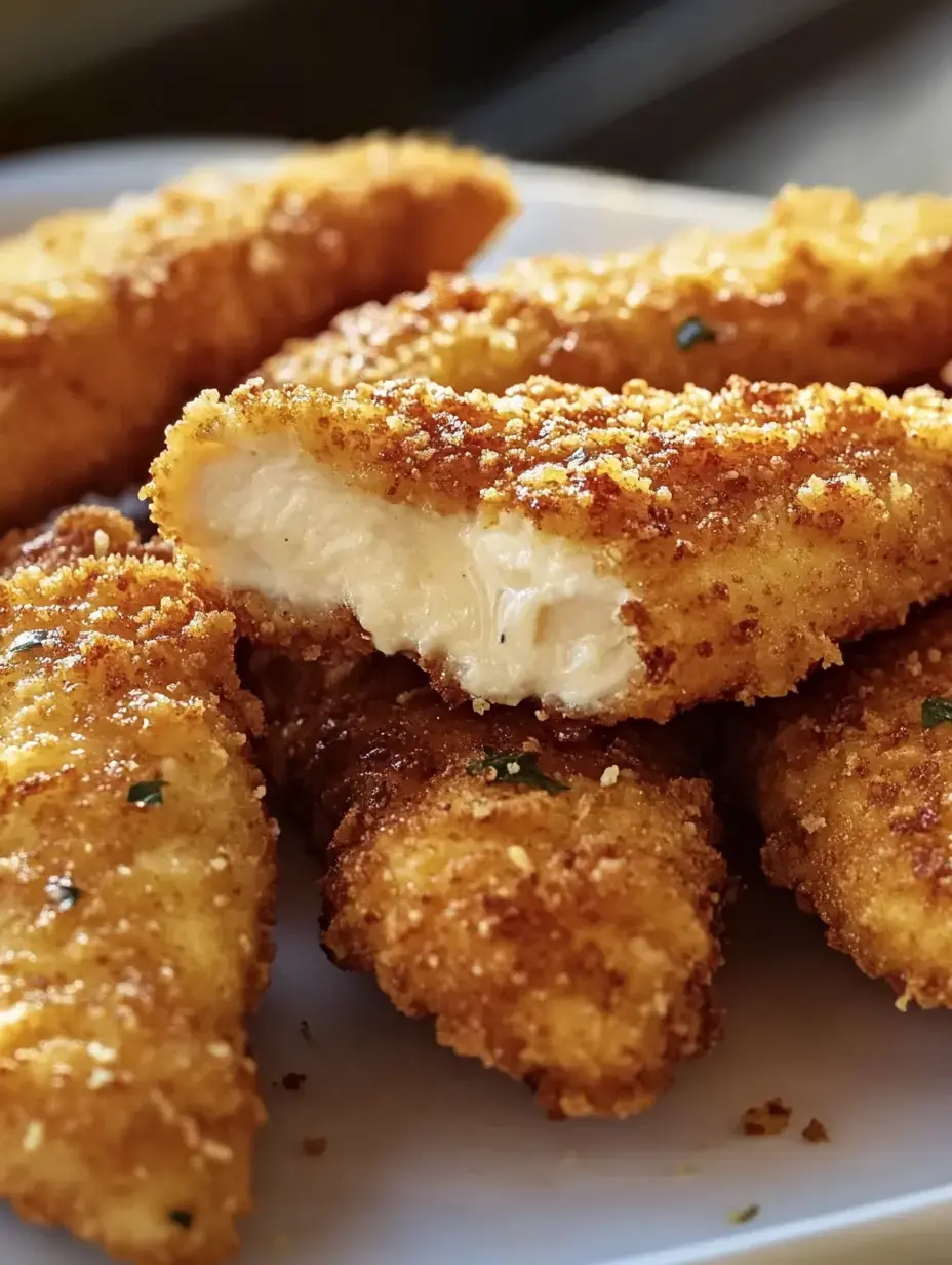 A close-up of golden-brown breaded cheese sticks, with one piece cut in half to reveal its creamy interior.