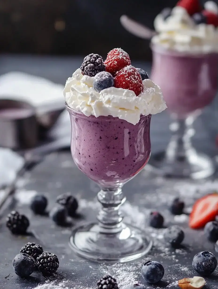 A glass of purple dessert topped with whipped cream, fresh berries, and powdered sugar, set on a dark surface with scattered berries around it.