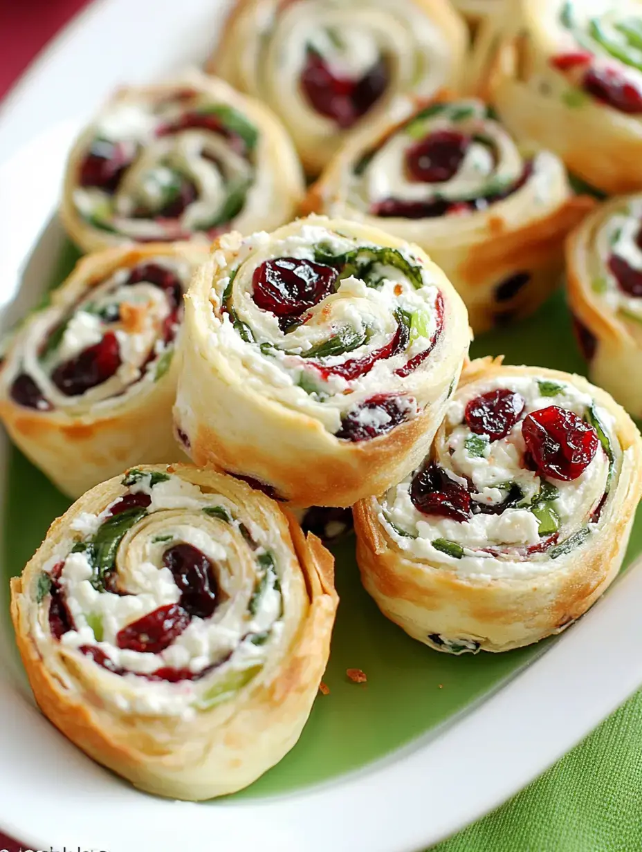 A platter of rolled pastry swirls filled with cream cheese, green peppers, and cranberries.