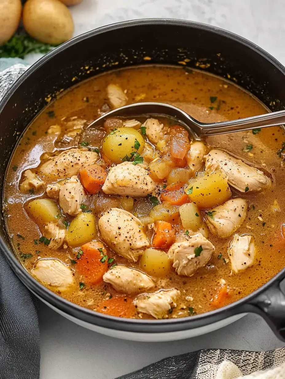 A pot of chicken stew with carrots, potatoes, and herbs is shown on a gray surface, accompanied by a few whole potatoes in the background.