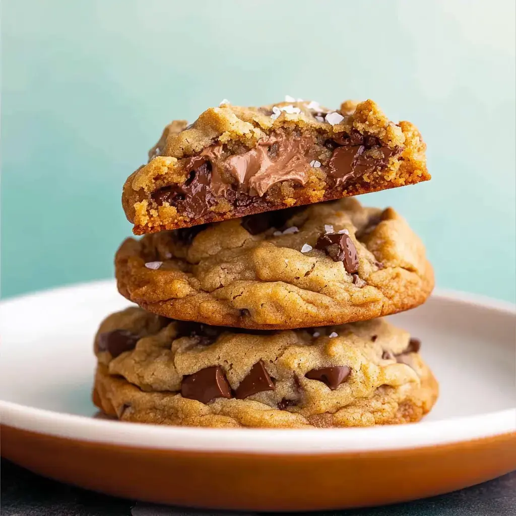 A stack of three chocolate chip cookies, with the top cookie showing a gooey chocolate center, is resting on a plate.