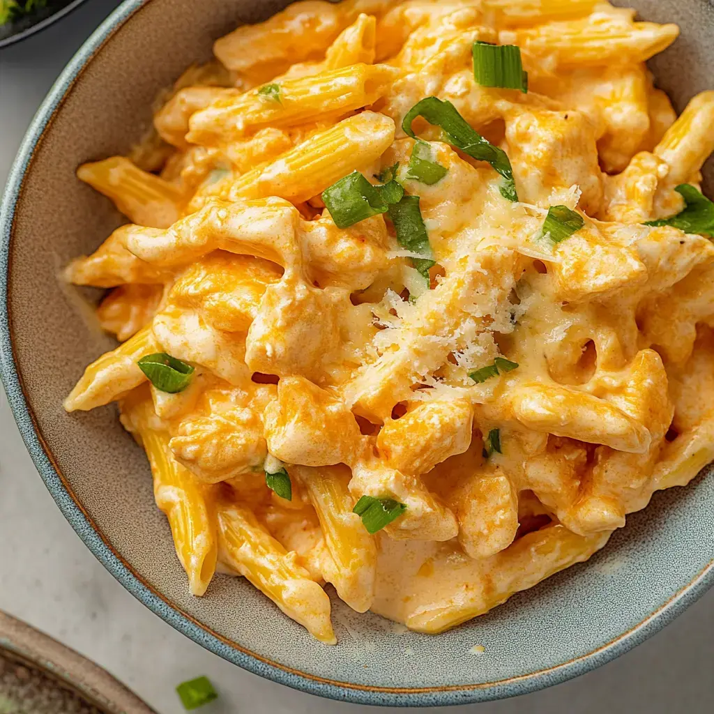 A bowl of creamy pasta with orange sauce, garnished with green onions and parmesan cheese.