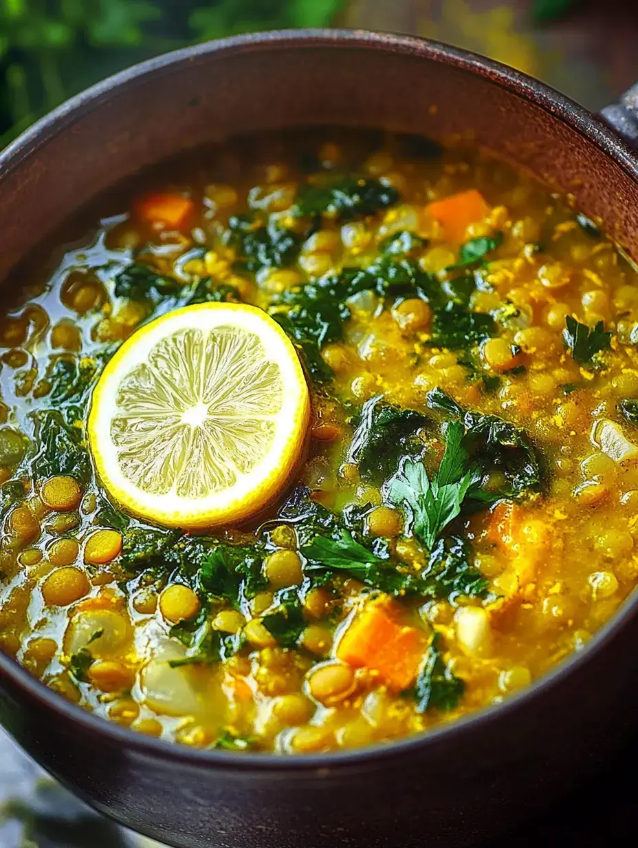 A bowl of lentil soup garnished with a slice of lemon and fresh greens, showcasing a warm, inviting color palette.