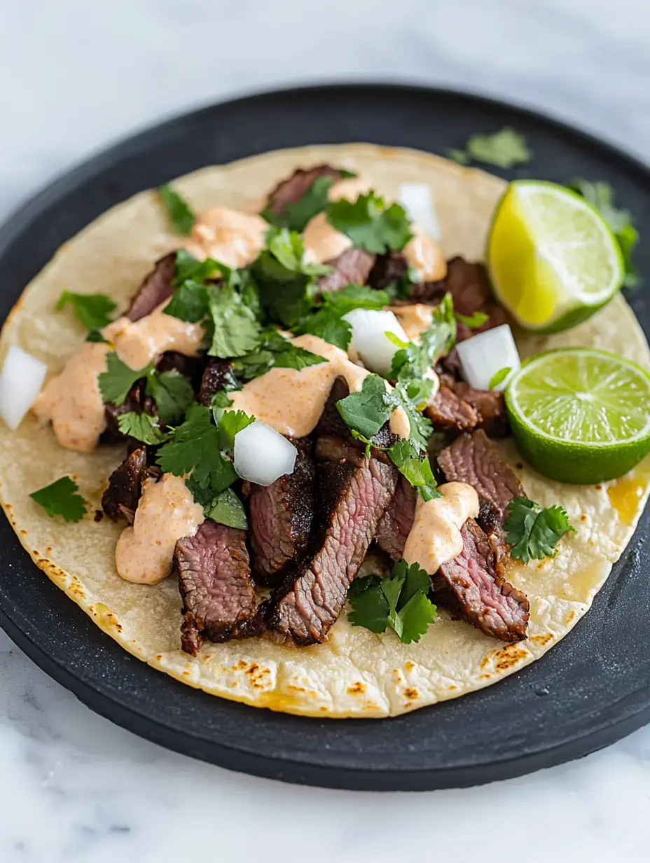 A taco filled with grilled steak, topped with cilantro, diced onion, and a creamy sauce, served with lime wedges on a black plate.