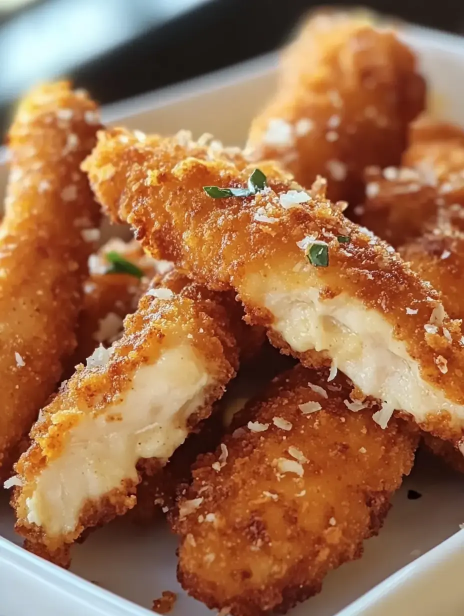 A close-up of golden-brown fried fish sticks arranged in a white bowl, garnished with a sprinkle of salt and herbs.