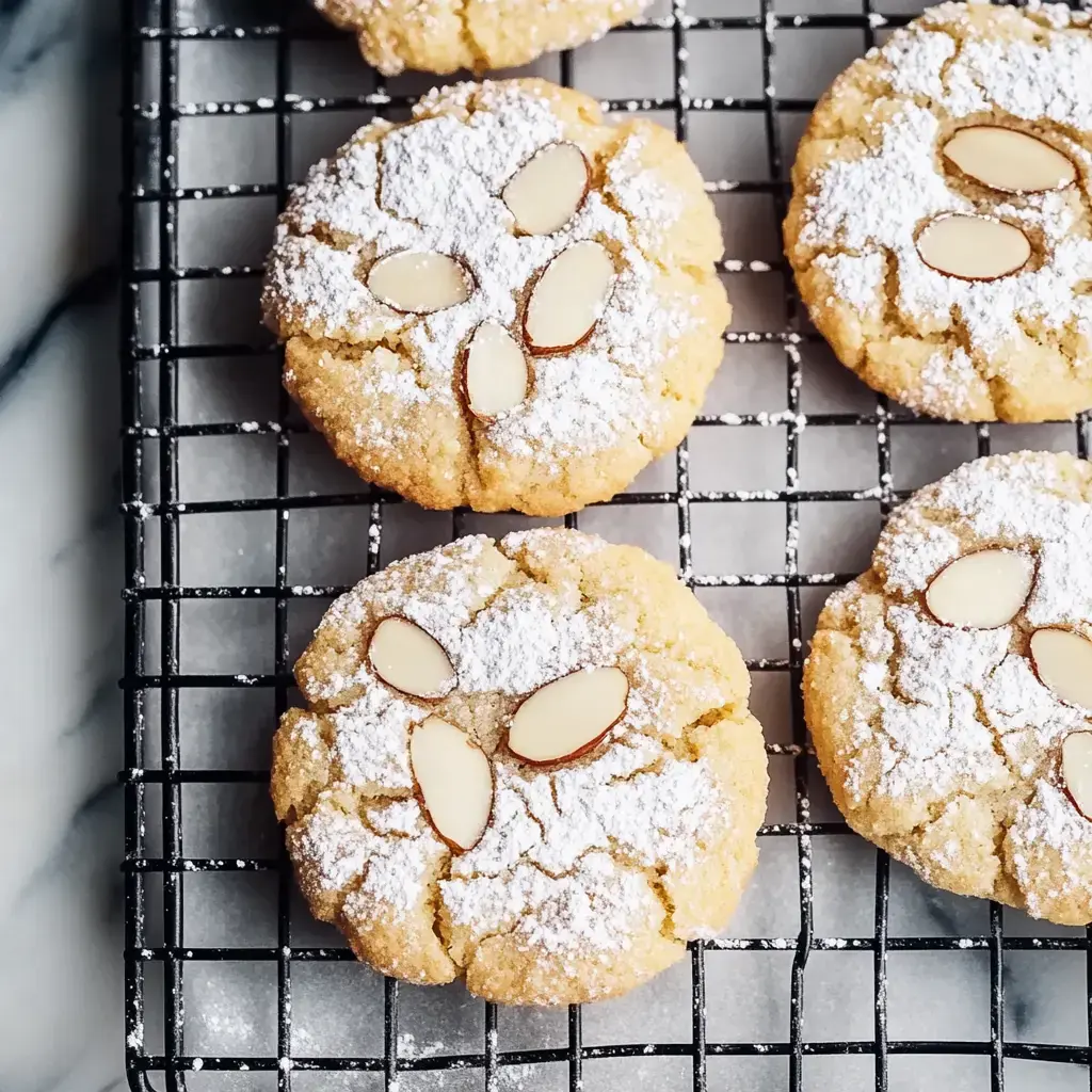 A wire cooling rack holds several round cookies dusted with powdered sugar and topped with slivered almonds.