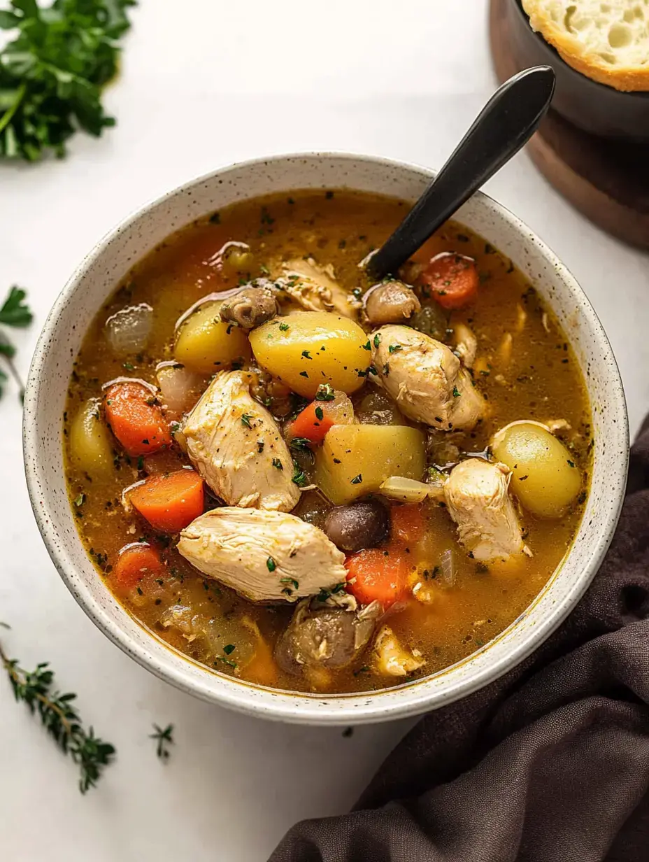 A bowl of hearty chicken soup filled with vegetables, including carrots, potatoes, and mushrooms, garnished with herbs.