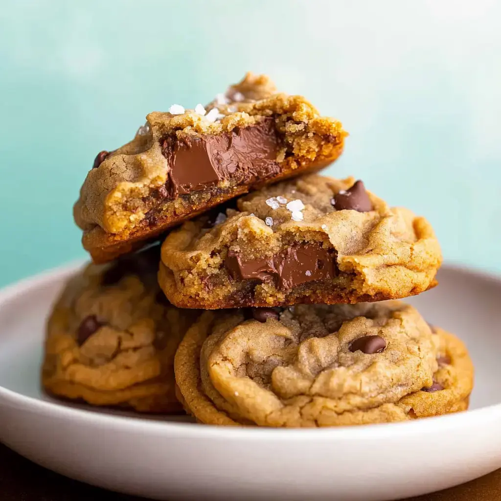 A stack of freshly baked chocolate chip cookies, with one cookie halved to reveal melted chocolate inside, is displayed on a white plate.