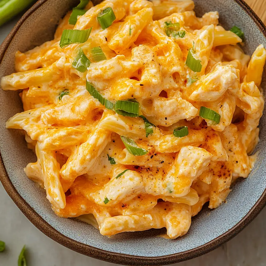 A close-up of a bowl of creamy pasta, topped with green onions and a sprinkle of spices.