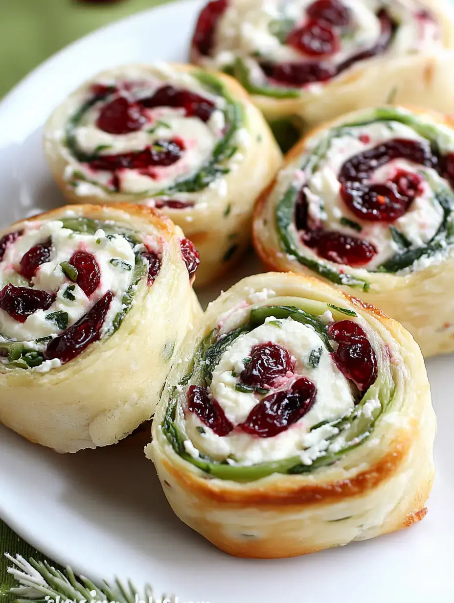 A plate of rolled pastry slices filled with cream cheese, herbs, and cranberries, arranged neatly for presentation.