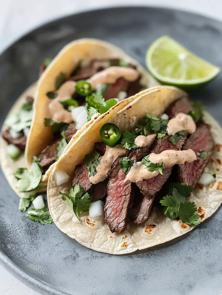 Two beef tacos topped with cilantro, diced onions, jalapeños, and a creamy sauce, served with a lime wedge on a gray plate.