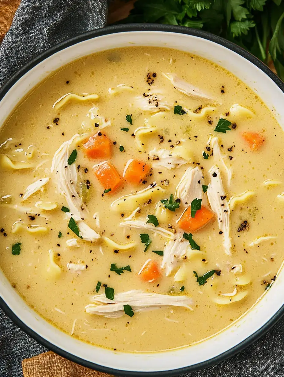 A bowl of creamy chicken noodle soup with shredded chicken, carrots, and garnished with parsley.