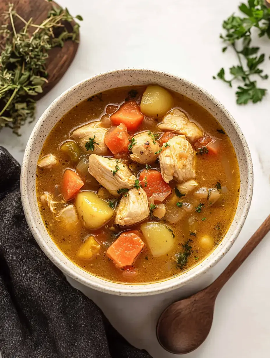 A hearty bowl of chicken soup with vegetables, including carrots and potatoes, garnished with herbs.