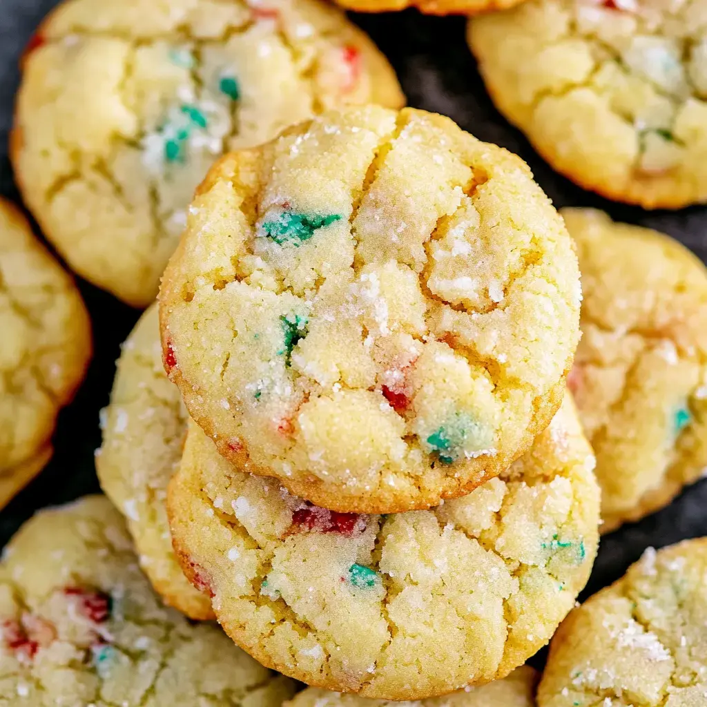 A close-up of soft, colorful cookies stacked on top of each other, featuring bits of red and green.