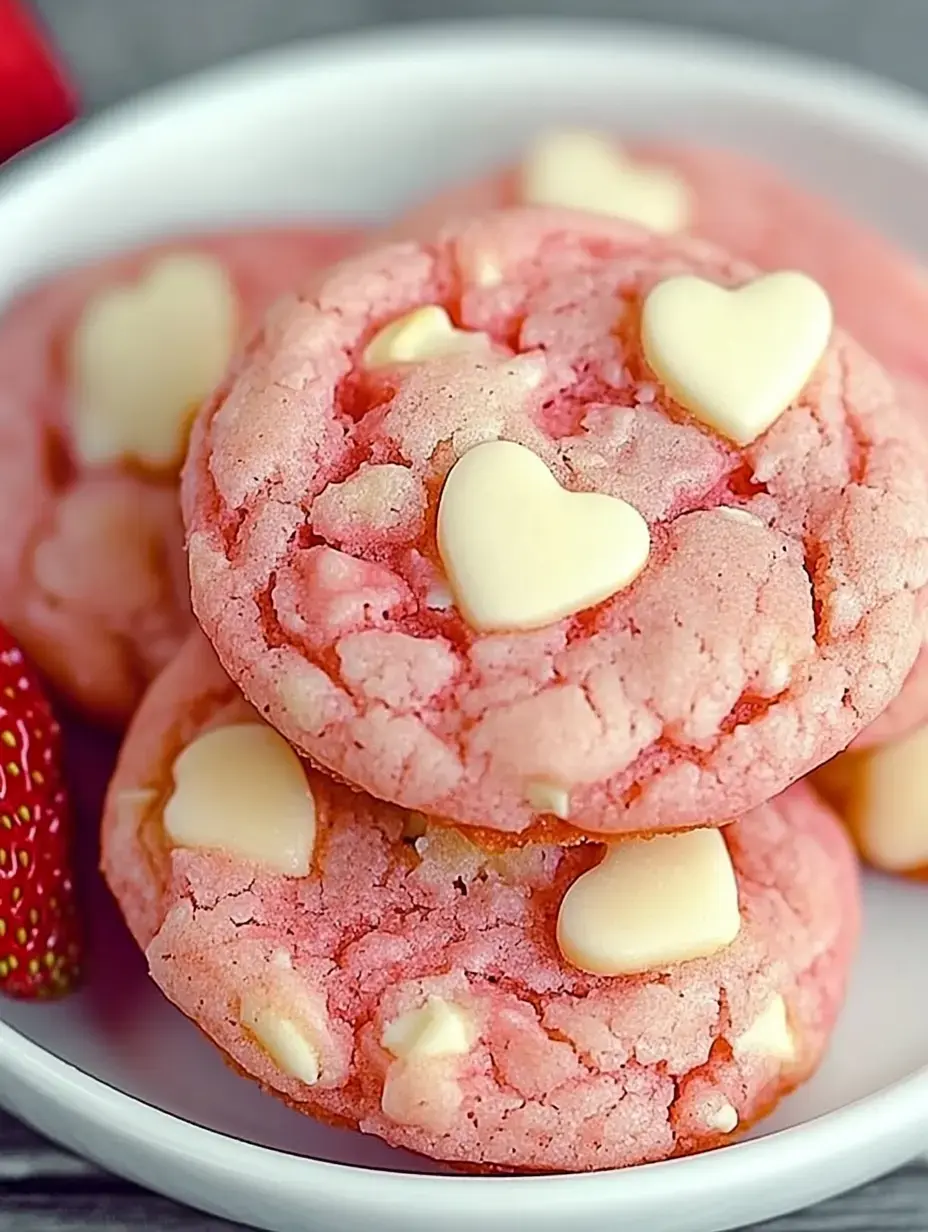 A close-up of pink cookies topped with white chocolate heart-shaped chips, served in a white bowl with fresh strawberries on the side.