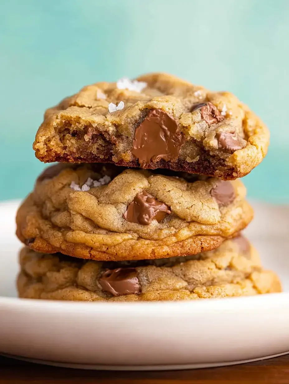 A stack of chocolate chip cookies, with one cookie partially bitten, reveals gooey chocolate inside and a sprinkle of sea salt on top.