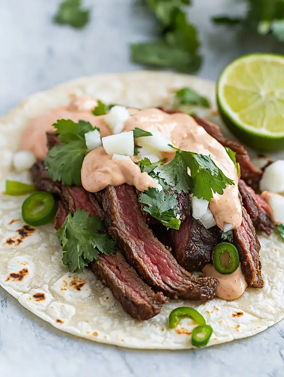 A tortilla topped with slices of steak, drizzled with sauce, and garnished with cilantro, diced onions, and jalapeño slices, alongside a lime wedge.