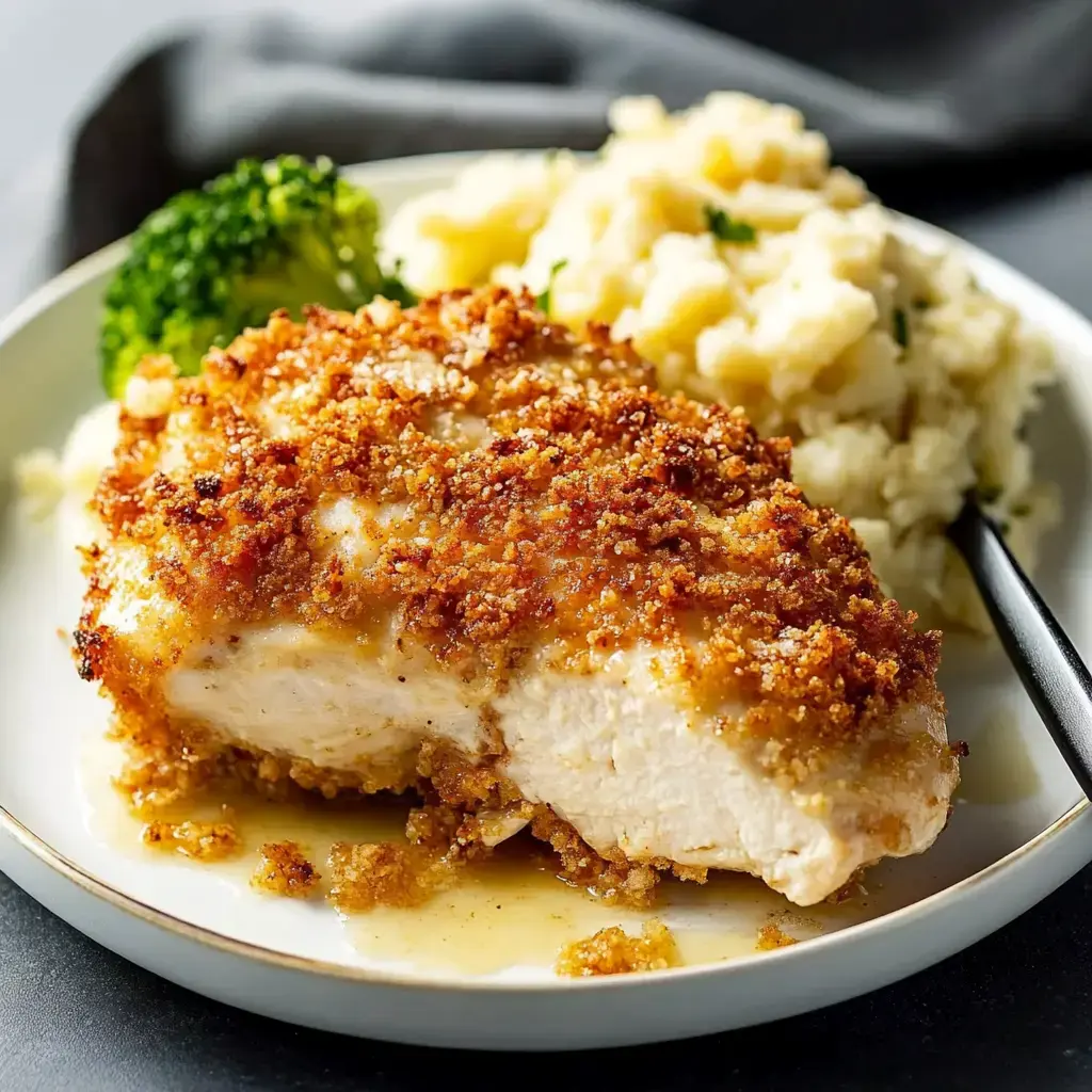 A plate with crispy breaded chicken, a side of mashed potatoes, and a piece of broccoli.