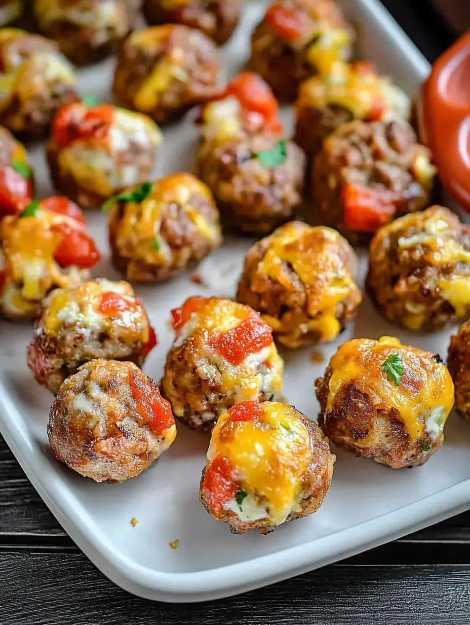 A white platter is filled with golden-brown meatballs topped with melted cheese, diced tomatoes, and chopped herbs.