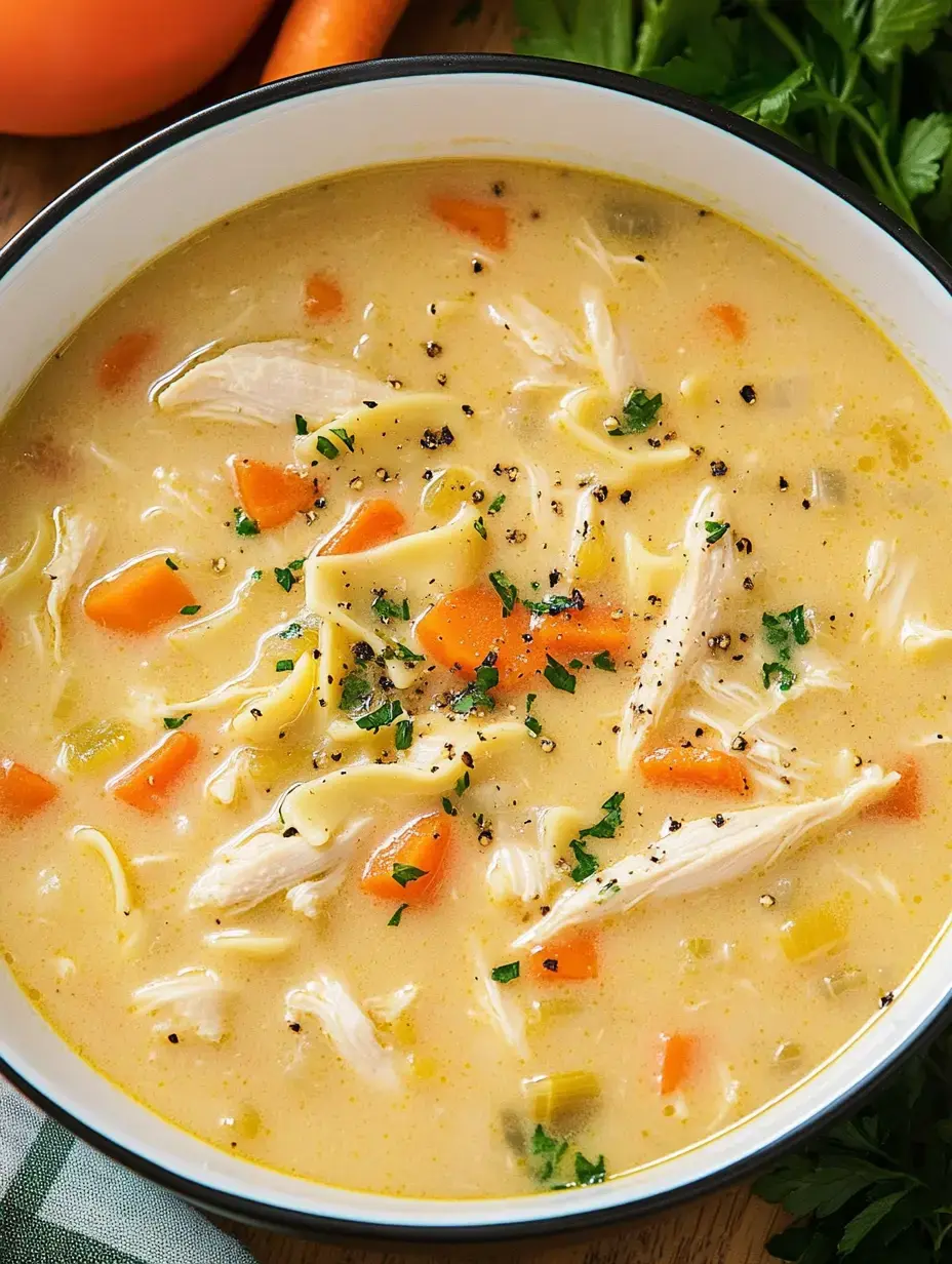 A creamy chicken noodle soup with shredded chicken, carrots, and herbs, served in a bowl.