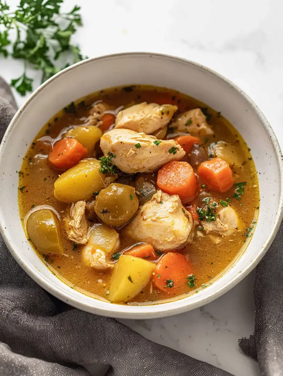 A bowl of hearty chicken soup filled with chunks of chicken, carrots, potatoes, and green olives, garnished with parsley.