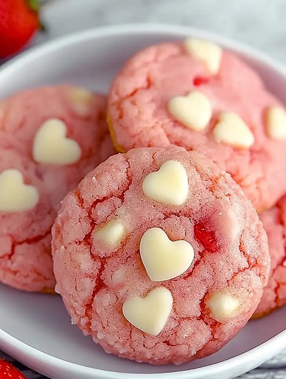 A plate of pink cookies featuring white chocolate heart candies on top, surrounded by fresh strawberries.