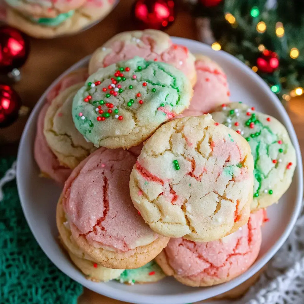 A plate piled high with colorful holiday cookies decorated with red and green sprinkles.