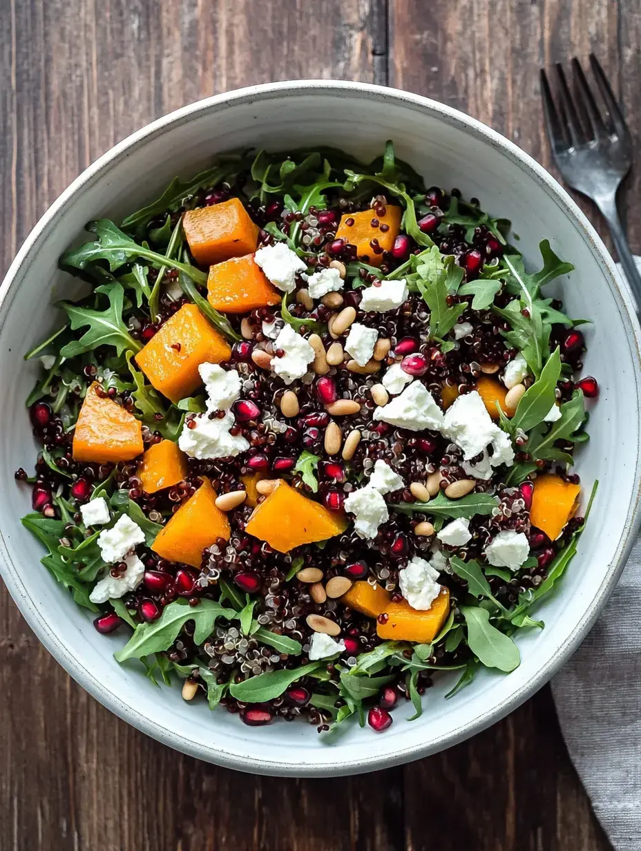 A colorful salad featuring arugula, quinoa, roasted butternut squash, pomegranate seeds, pine nuts, and feta cheese in a white bowl.