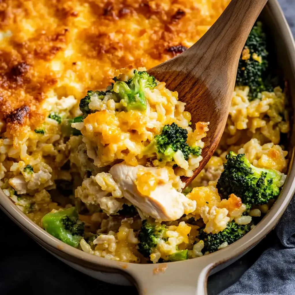 A wooden spoon is scooping out a creamy chicken and broccoli rice casserole with a golden, crispy topping from a baking dish.