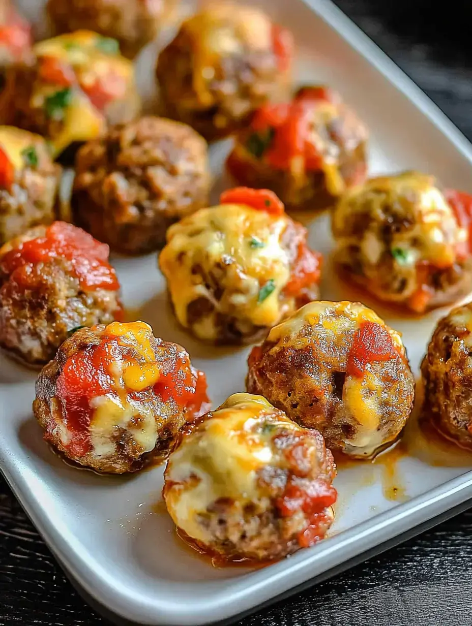 A platter of meatballs topped with melted cheese and a red tomato sauce is displayed.