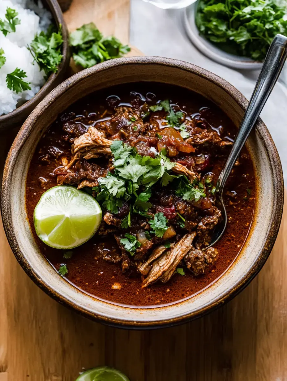 A bowl of rich, savory stew with shredded meat, garnished with fresh cilantro and a lime wedge, is shown alongside a bowl of white rice.