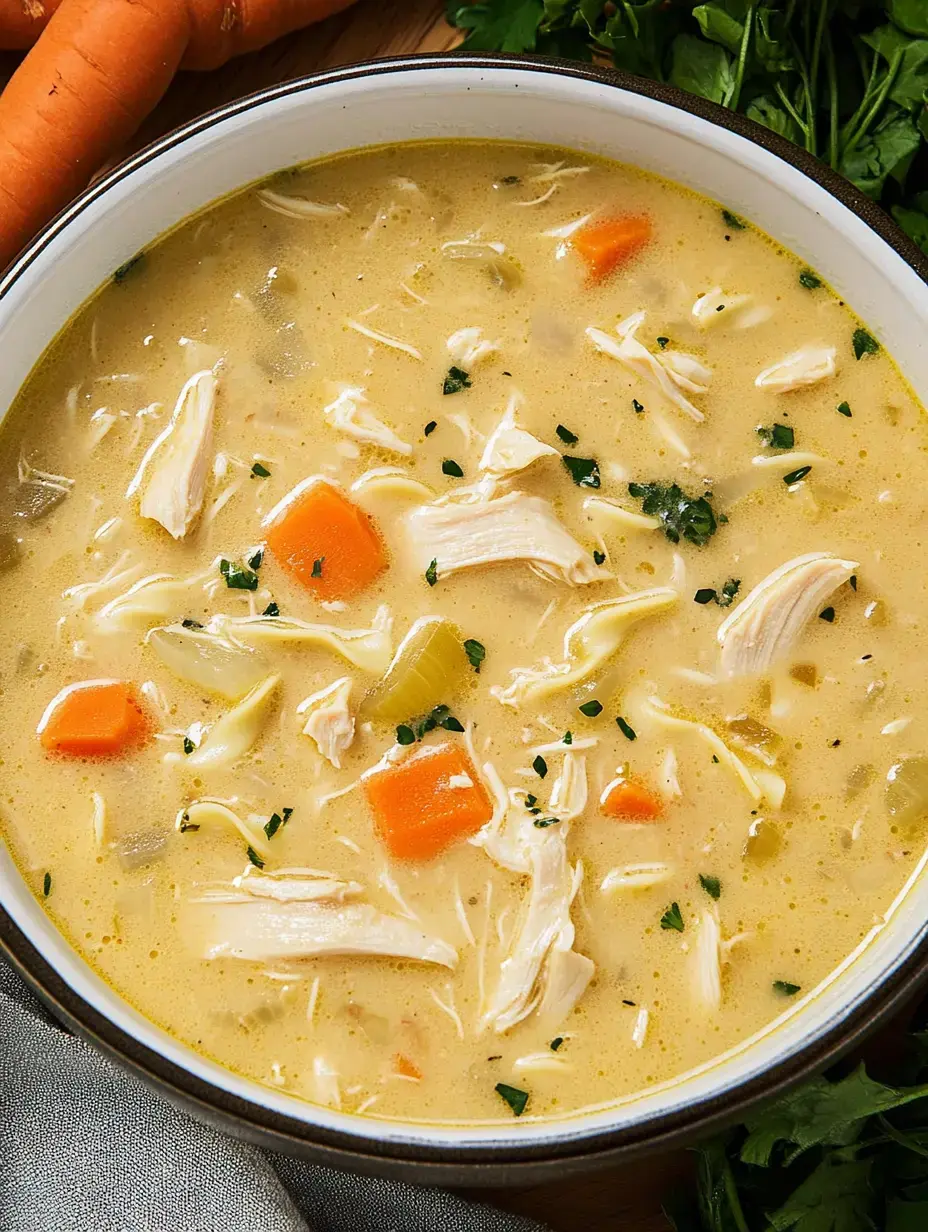 A bowl of creamy chicken soup with shredded chicken, carrots, and celery, garnished with parsley, is displayed next to fresh carrots and herbs.