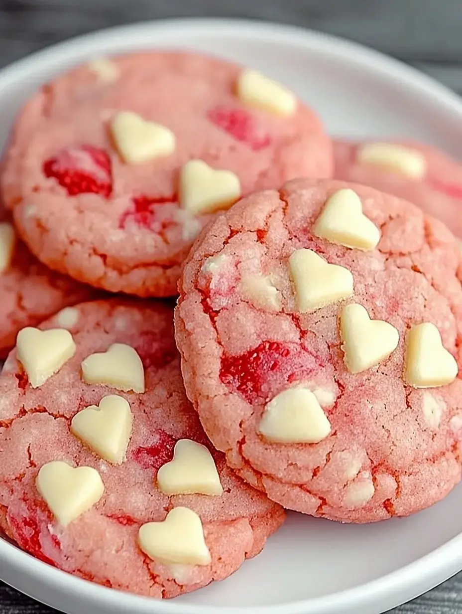 A plate of pink cookies studded with white chocolate hearts and pieces of strawberry.