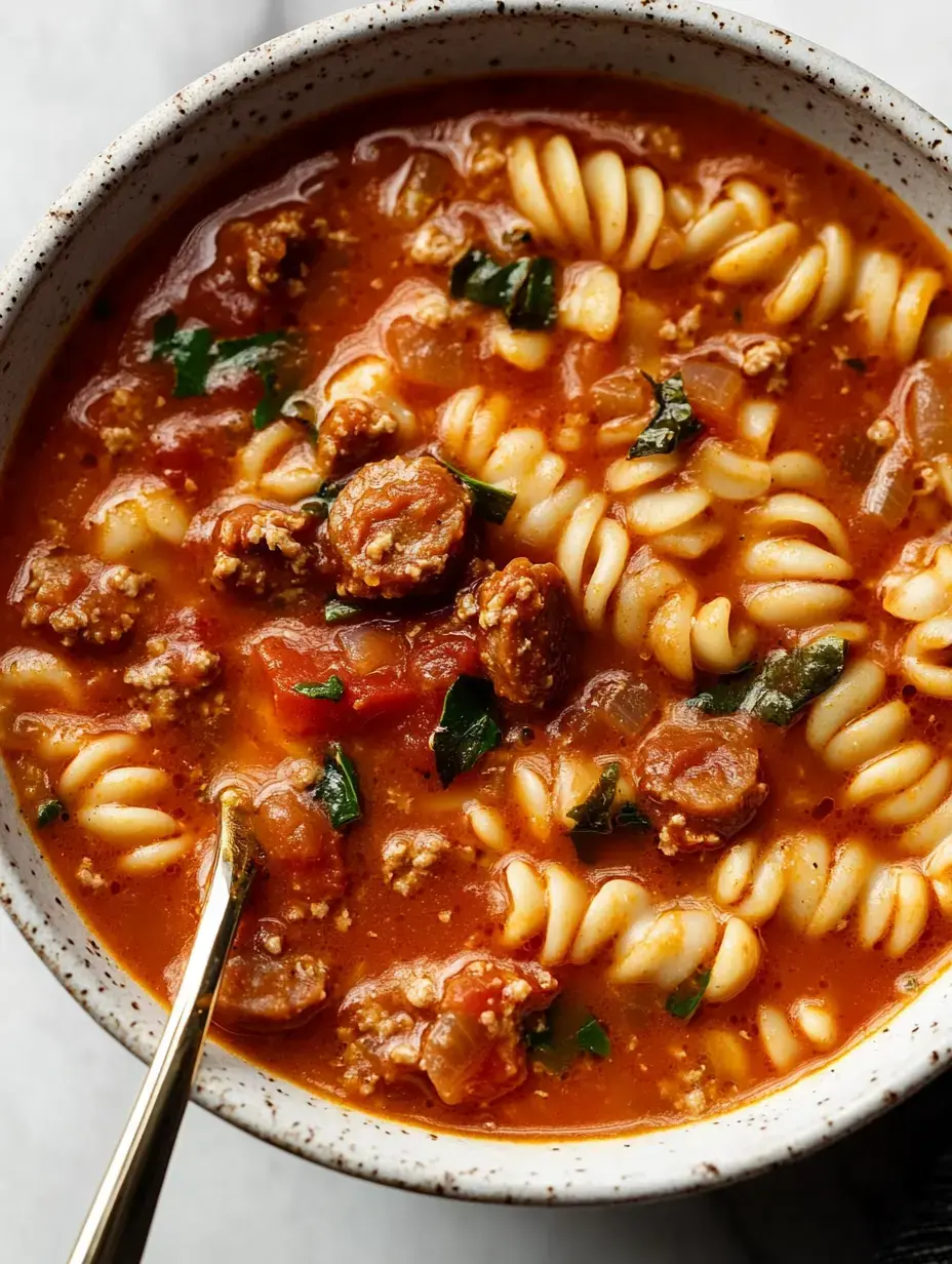 A bowl of pasta in a savory tomato-based soup with ground meat and chopped herbs.