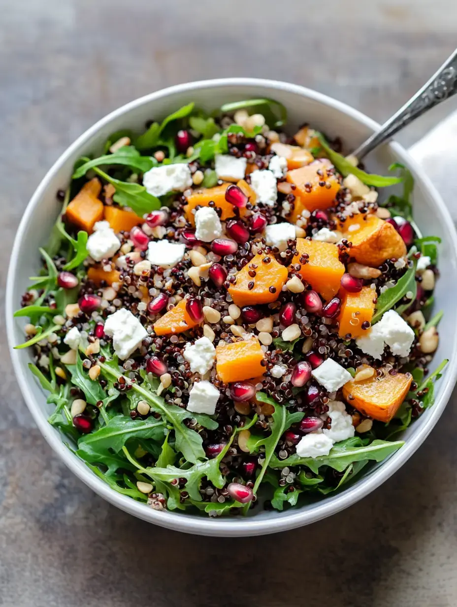 A colorful salad featuring arugula, quinoa, roasted butternut squash, pomegranate seeds, pine nuts, and crumbled feta cheese in a bowl.