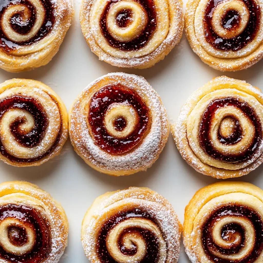 A close-up view of freshly baked spiral pastry rolls topped with fruit jam and dusted with powdered sugar.