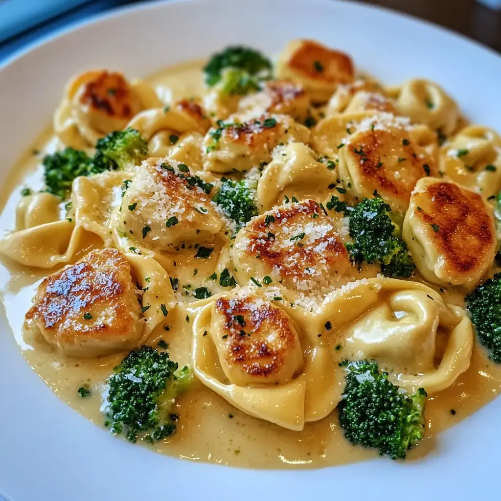 A creamy pasta dish featuring tortellini, sautéed pieces of chicken, and broccoli, garnished with herbs and grated cheese.